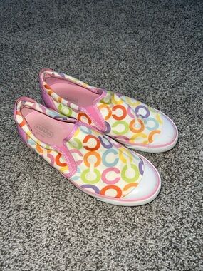 Coach Kids Pink-Trim Slip-On Sneakers with Multicolor C Print